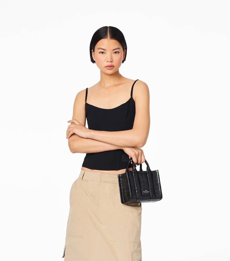 Women's Marc Jacobs Croc-Embossed Micro Tote Bags Black | ONBSI-0149