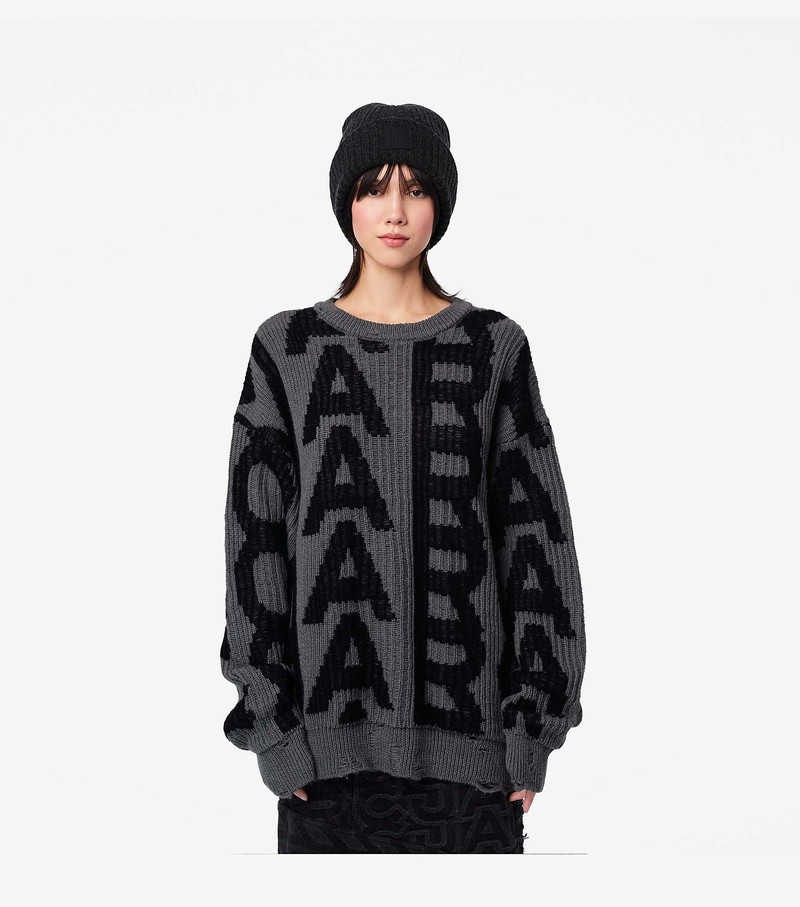 Women's Marc Jacobs Monogram Distressed Sweater Black / Grey | ELPHJ-7685