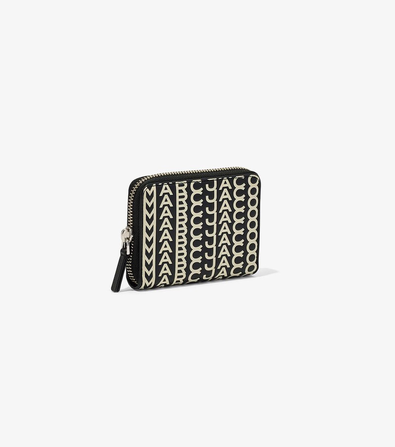 Women's Marc Jacobs Monogram Leather Zip Around Small Wallets Black / White | JPYBK-5723