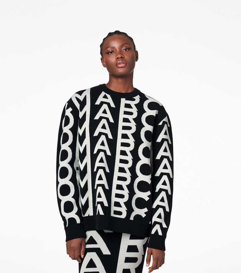 Women's Marc Jacobs Monogram Oversized Crewneck Sweater Black / White | RDOLZ-1260