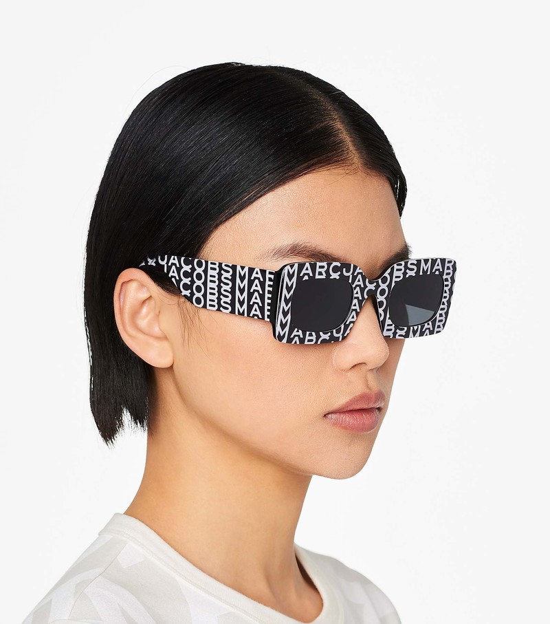 Women's Marc Jacobs Monogram Rectangular Sunglasses Black / White | OHTCJ-8635