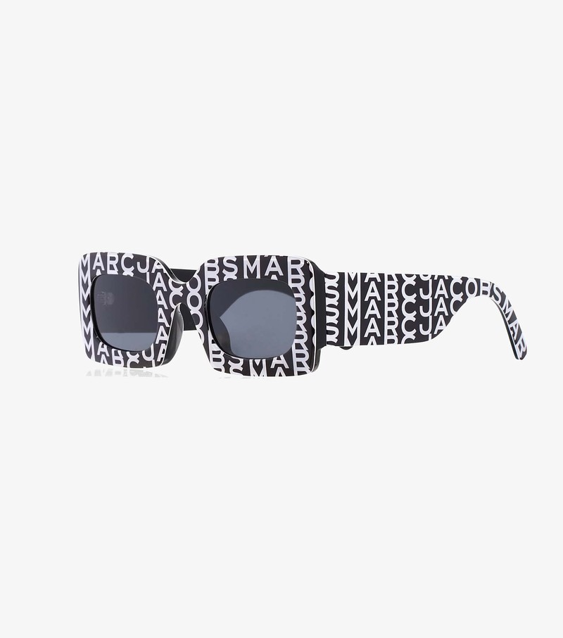 Women\'s Marc Jacobs Monogram Rectangular Sunglasses Black / White | OHTCJ-8635