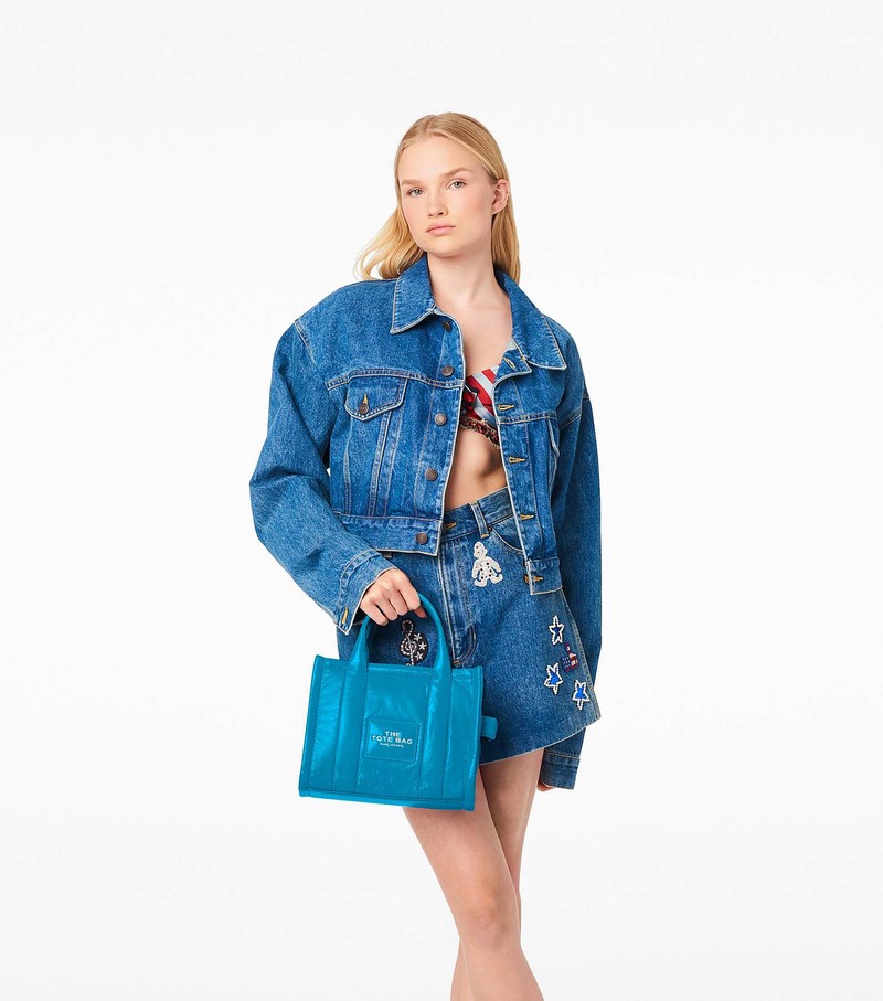 Women's Marc Jacobs Shiny Crinkle Mini Tote Bags Blue | IYUNC-1236